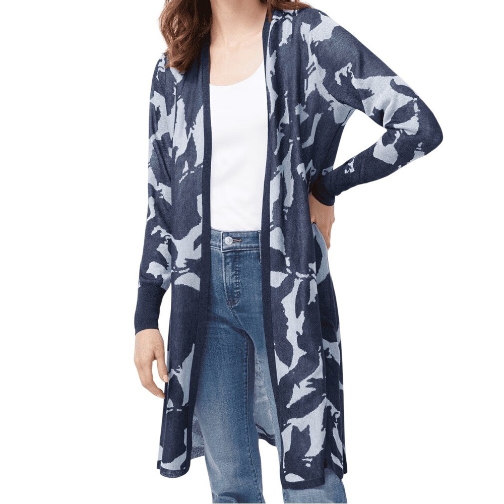 Chicos Women's Jacquard Floral Longline Open Front Cardigan Duster Size Medium